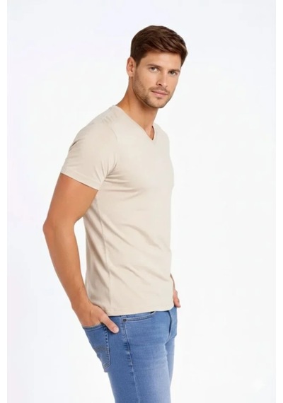 Butik İstanbul Erkek T-shirt V Yaka Slim Fit Dar Kesim Likralı Tişört Günlük Basic Body - Taş