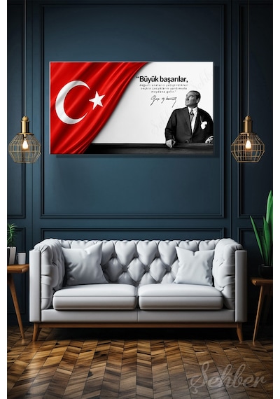 Türk Bayrağı Motifi Gazi Mustafa Kemal Atatürk Portresi Ve Bir Özlü Sözü Yatay Kanvas Tablo 4171 Çok Renkli