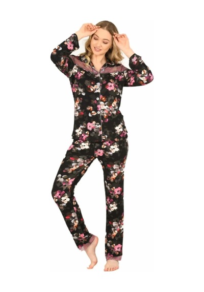 Jiber Kadın Viskon Önü Düğmeli Desenli Kışlık Pijama Takımı 3903 - 1 Adet 001