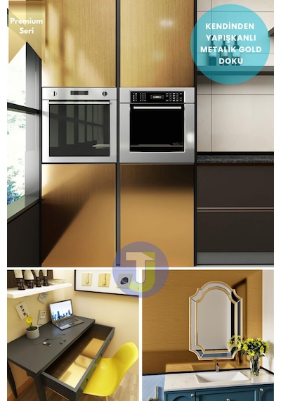 Technojet Kendinden Yapışkanlı Metalik Folyo Mutfak Banyo Tezgah Duvar Dolap Masa Kaplama 60cmx100cm Gold