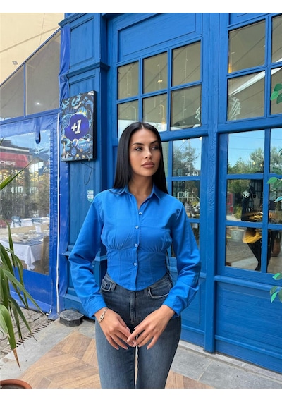 WeShaya Saks %100 Polyester Parçalı Desenli Gömlek Saks