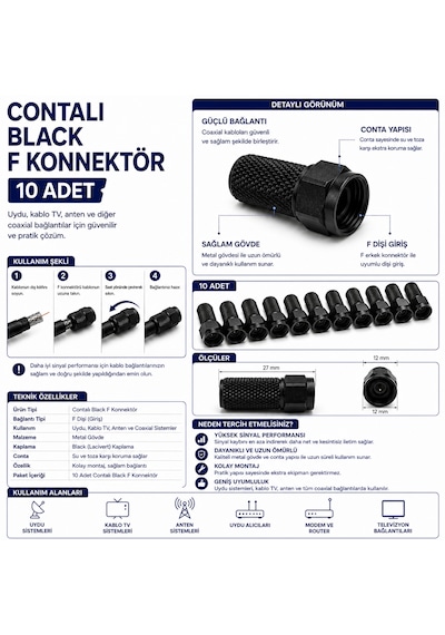 Contalı Black F Konnektör 10 Adet Siyah Uydu Anten Kablo Tv Koaksiyel Kablo Bağlantı Ucu