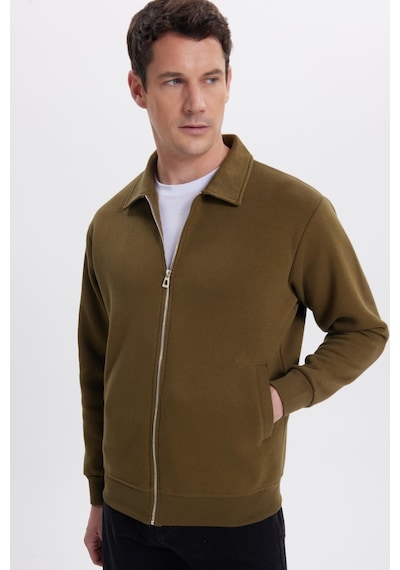 Tudors Unisex Relax Fit Rahat Kesim Pamuklu İçi Polarlı Fermuarlı Yeşil Polo Yaka Flato Cepli Sweatshirt Hırka-41976 Yeşil