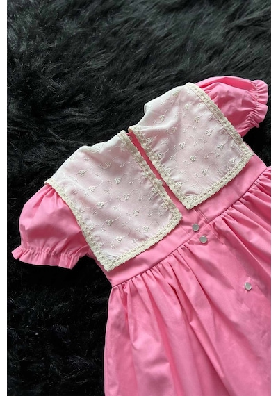 Krem Fisto Yaka Ve Dantel Detaylı Kız Çocuk Bebek Pembe Elbise 001