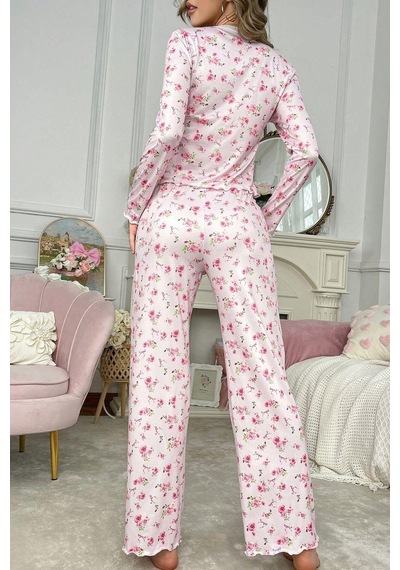 Bella Notte Romantik Pamuklu Dantel Detaylı Uzun Pijama Takımı Pembe