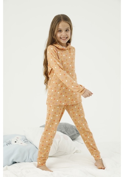Siyah İnci Kapüşonlu Alt Üst Polar Pijama Takım Desenli