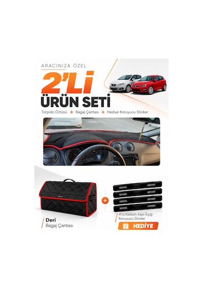 E-biz Seat Ibıza 2008-2017 Uyumlu Torpido Örtüsü + Deri Bagaj Çantası Seti - Siyah-kırmızı - Se004