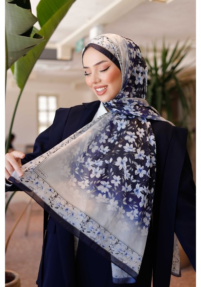 Mimiyum Lemon Flower Nayf İpek Şal - Lacivert