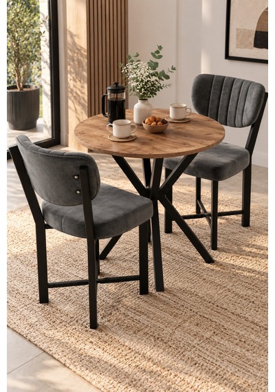 Sulorahome 70 Cm Yuvarlak Yemek Masası Ve 2 Adet Gri Sandalye Seti