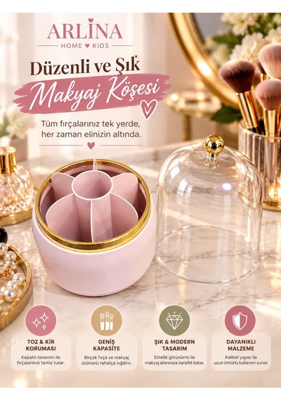 7 Bölmeli Kapaklı Pembe Makyaj Fırçası Ve Kozmetik Organizeri