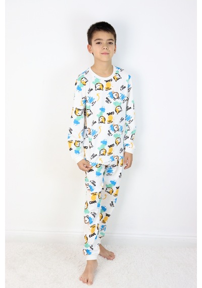 Harika Kids Erkek Çocuk Baskılı İnterlok Kumaş Uzun Kollu Pijama Takımı Beyaz - Mavi Harika Kids Erkek Çocuk Baskılı İnterlok Kumaş Uzun Kollu Pijama Takımı Beyaz - Mavi