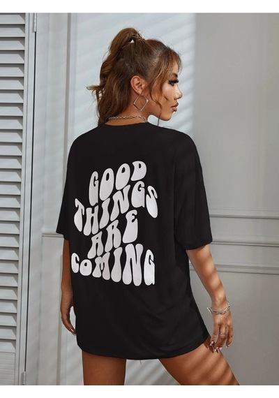 Good Things T-shirt - Siyah Baskılı Oversize Bisiklet Yaka Kısa Kol Tişört Siyah