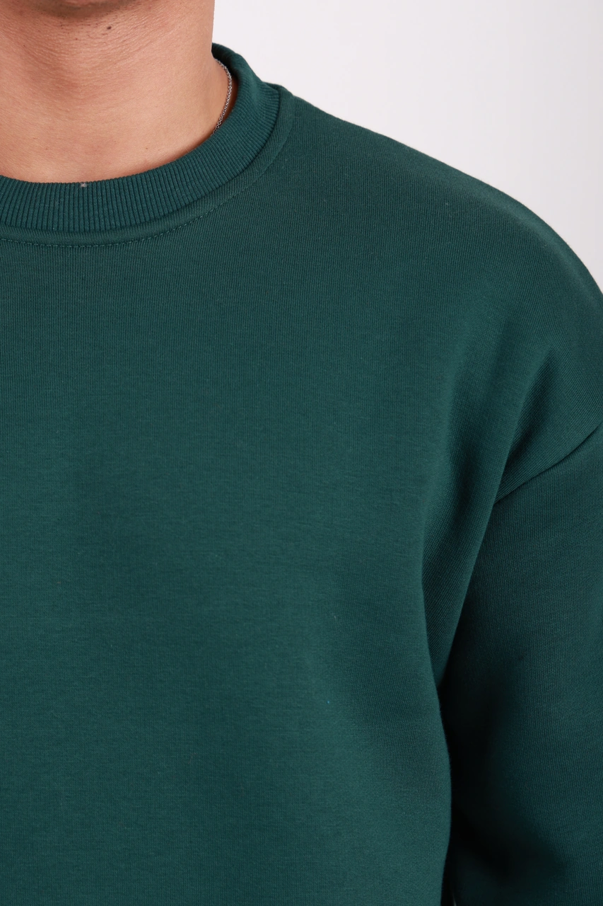 Erkek Standart Fit Bol Kesim %100 Pamuklu Içi Şardonlu 3 Iplik Bisiklet Yaka Sweatshirt Nefti