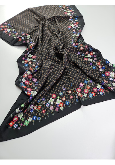 Miorel Scarfs Lv Desen Çiçekli İthal Vual İpek Şal Aksesuar Fular Silk Scarfs Shawl Hijab Kahverengi