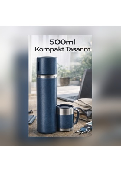 500ml Vakumlu Termos Seti 2 Kaplı 12 Saat Sıcak/soğuk Taşınabilir Bardaklı Termos Set Mavi
