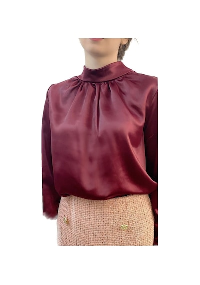 Mois Atelier Bordo Saten Büzgülü Bluz Gömlek Tasarım Büyük Beden Tesettür Bordo