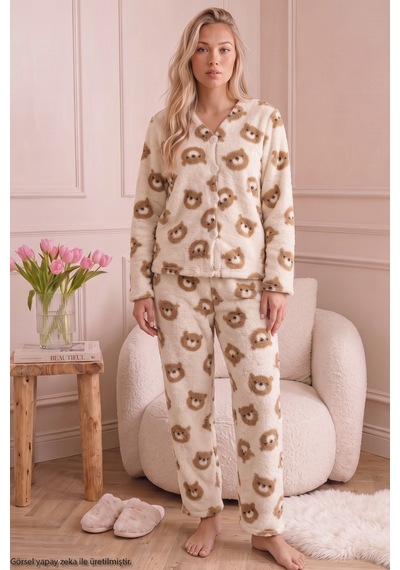 Siyah İnci Ekru Alt-üst Wellsoft Düğmeli Kışlık Örme Hırkalı Pijama Takım 26221901