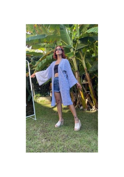 Lila Mare Pamuk Kumaşlı Handmade Homewear & Beachwear Kimono Renkli Renkli