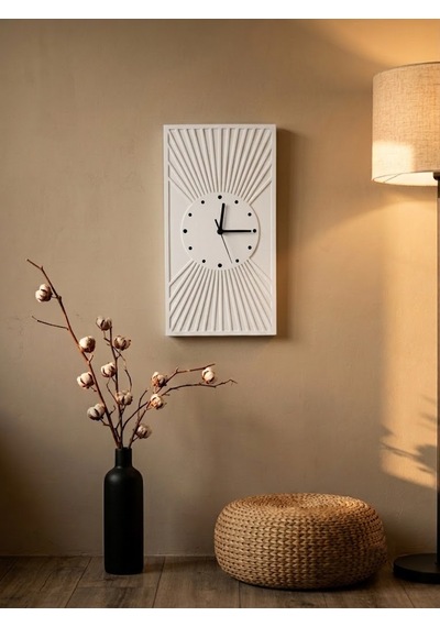 Kaveld Solaria Minimalist Duvar Saati - Modern Bohem Güneş Işınları Motifli Saat, Özel El Yapımı Duvar Saati Beyaz
