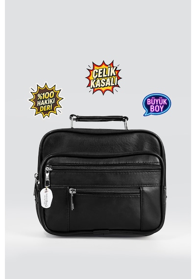 Westbag Erkek Siyah Yatay Model Çelik Kasalı Hakiki Deri El Ve Omuz Çantası Büyük Boy