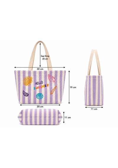 İcone Bag Çocuk Plaj Çantası, Nakışlı Çizgili Kız Plaj Çantası, Kids Beach Bag, Lila Çizgili Çocuk Plaj Çantası