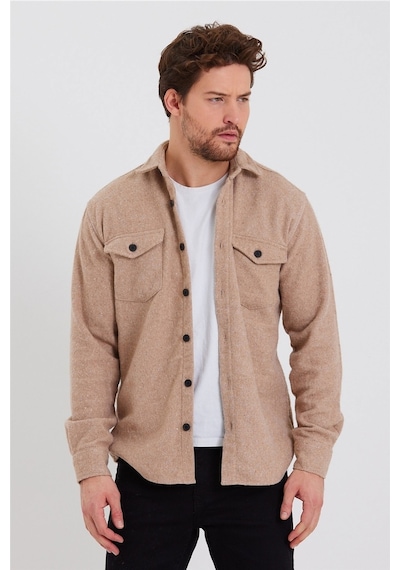 Erkek Vizon Çift Cep Kapaklı Slim Fit Oduncu Gömlek-odg001r9503s Vizon