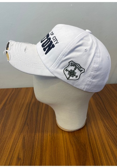 Boston Nakışlı Eskitme Vintage Model Pamuklu Cap Şapka Beyaz