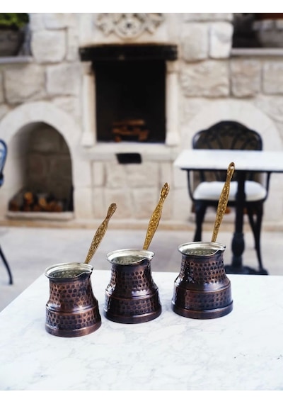 Bakır Cezve Seti Çekiç Dövmeli Oksitli Bakır Renk
