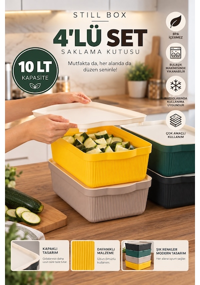 Porsima 4516 Mix Still Box 4'lü Kapaklı Çok Amaçlı Saklama Kutusu Seti 10 Lt Mutfak & Buzdolabı Düzenleyici Kutu Çok Renkli