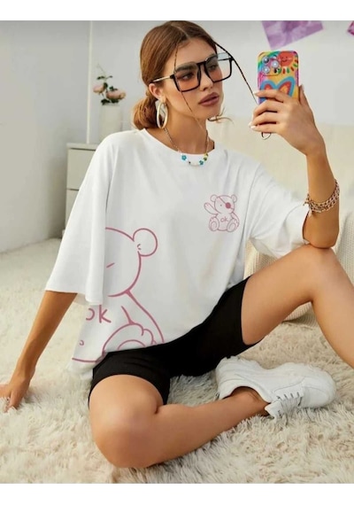 Kozia Outdoors Malkoçbey Korsan Ayı Baskılı Oversize Unisex Basic T-sihirt Beyaz