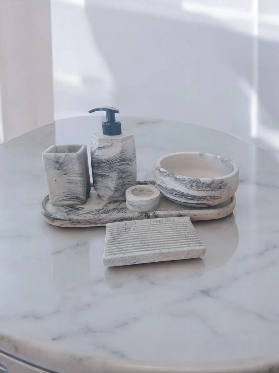 Marble Serisi Antrasit 6'lı Beton Banyo Seti,sabunluk,diş Fırçalık,tepsi,mumluk,aksesuar,dekorasyon Antrasit