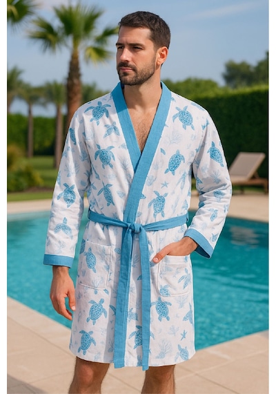 Baskılı Müslin Kimono Bornoz Unisex %100 Pamuk Yumuşacık 2 Katlı Doğal Kumaş - Ztmbb10 Mavi