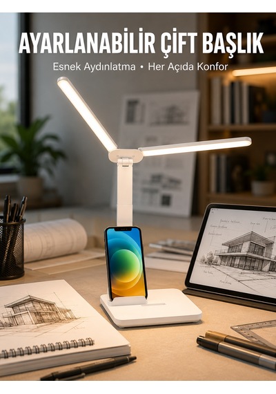 Ayarlanabilir Kısılabilir Led Masa Lambası Entegre Kalemlik Ve Telefon Tutucu Özellikli Yeni Nesil - Lisinya Beyaz