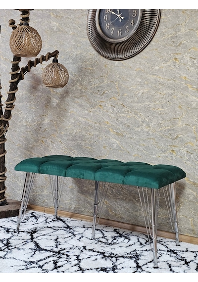 Zafir Metal Krom Tel Ayaklı 100 Cm Puf Bench - Puf - Bench - Oturak - Mutfak Oturağı - Antre Oturağı Yeşil
