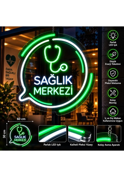 Sağlık Merkezi Neon Led Tabela Klinik Muayenehane Poliklinik Işıklı Pleksi Tabela