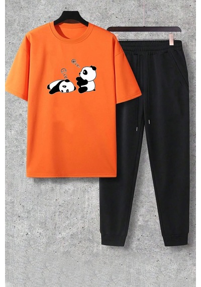 Uyguntarz Unisex Beyaz Fs Baskılı Siyah Kargo Eşofman Takımı Turuncu