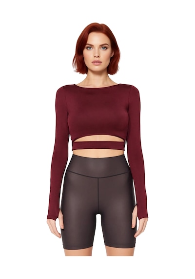 Ersefa Moda Bisiklet Yaka Örme Fit Düz Desen Sportswear Crop Uzun Kol Bl bordo