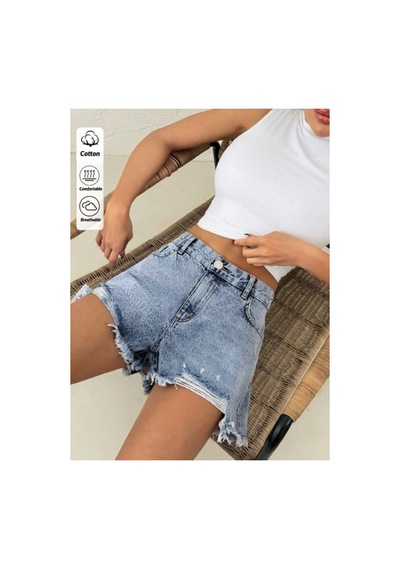 Kene Jeans İşlemli Taş Yıkama Paça Yırtık Detaylı Kısa/mini Kot Şort Taş Yıkama