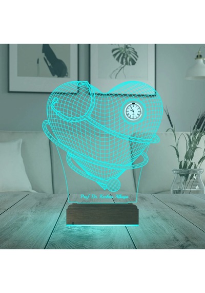 Luvivia Doktor Hediye Kalp Cerrah Steteskop Kişiye Özel Metal Saatli 3d Lamba - Masa Gece Lambası Şeffaf