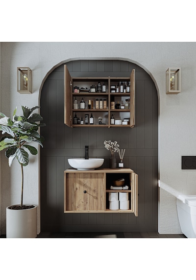 Lavabolu Mdf 75 Cm Çekmeceli Dolabı + Aynalı Üst Dolabı Atl Atlantik Çam