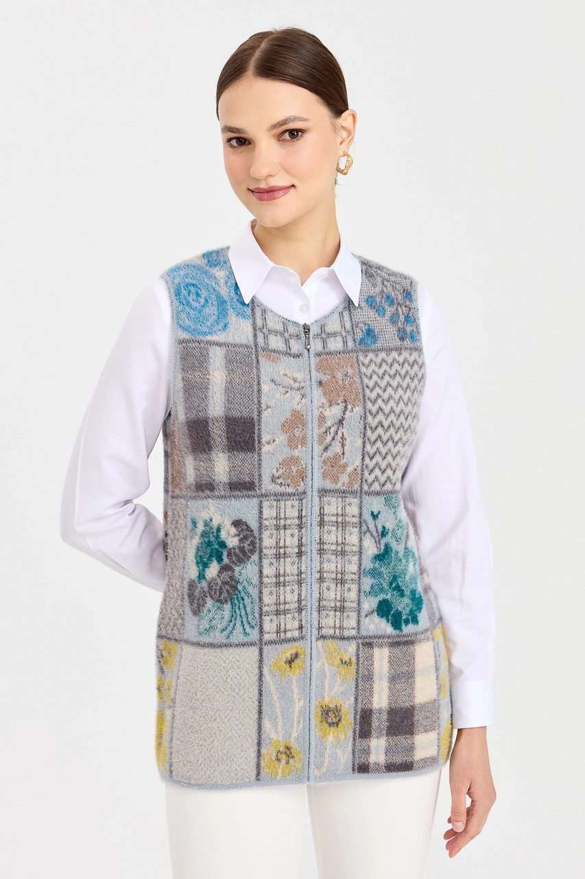 Desen Triko Kadın Sıfır Yaka Patchwork Yelek A.mavi A.mavi