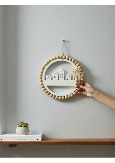 Ahşap Boncuklu Minimalist Bohem Duvar Askısı, Dekoratif Çelenk