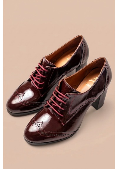 Analin Shoes Kadın Hakiki Deri Bağcıklı Oxford Topuklu Ayakkabı Bordo