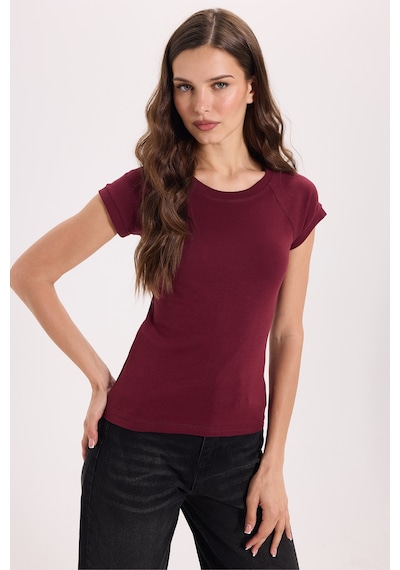 Tudors Kadın Slim Fit Dar Kesim Bisiklet Yaka Reglan Kol %100 Pamuk Bordo Tişört Bluz-51067