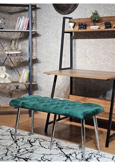 Zafir Krom Metal Yeşil Oturaklı Sivriltme Ayaklı Babyface Puf & Bench & Oturak Yeşil