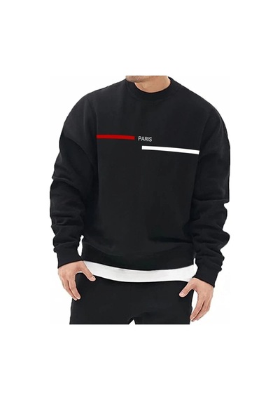 Unisex Oversize Paris Çizgi Baskı Bisiklet Yaka Siyah Sweatshirt Siyah