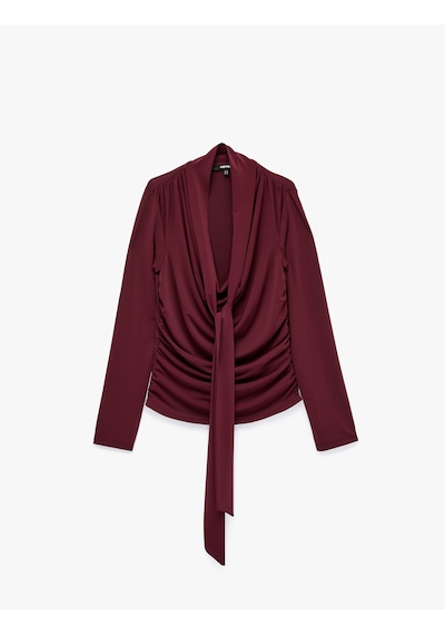 Koton Slim Fit Uzun Kollu Şal Detaylı Drapeli Degaje Yaka Bluz Bordo 7wak10009pk