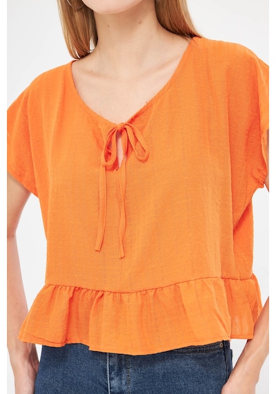 Armonika Kadın Turuncu Yarasa Kol Yakası Bağlamalı Eteği Fırfırlı Oversize Crop Bluz Arm-24y001088