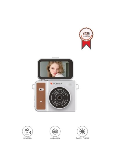 Torima Mini Dijital Kamera 2k Flip Ekranlı Selfie Video Vlog Kamerası Cmr46 Kahverengi