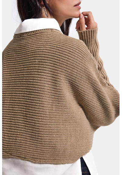 Kadın Bej W6-57 Oversize Tek Parça Gömlek Yaka Detaylı Tasarım Triko Kazak